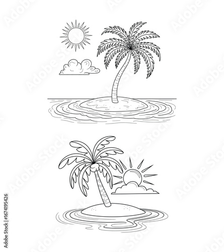 Line Art Tropical Islands With Palm Trees And Sun clouds