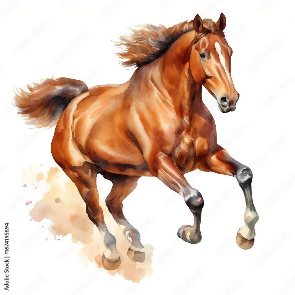 Fototapeta premium The illustration shows a brown horse with a flowing mane and tail running across a white background with watercolor texture.
