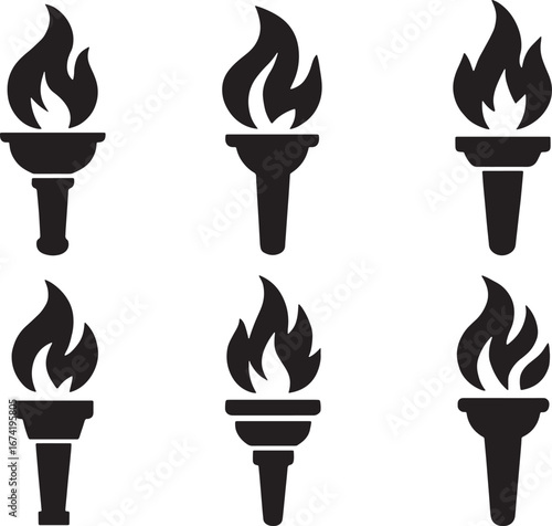 Six black torch icons with flames on a white background fire light