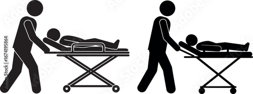 Medical professionals transporting patients on stretchers silhouette