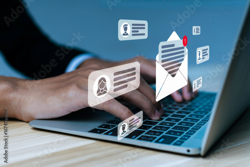 Notification. business man hand using laptop computer send mail message from mail box, new chat message, cyber security, digital marketing, business finance, internet network technology concept