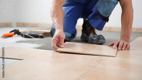 Decorator Laying Floor Tiles
Decorator kneeling with knee pads installing ceramic floor tiles.