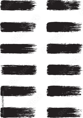 Ten black brush stroke rectangles on a white background paint texture