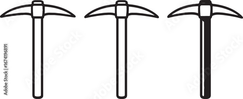 Three black and white outline icons of pickaxes for mining or construction tool digging