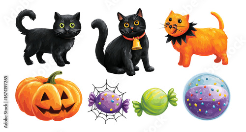 Wallpaper Mural Spooky Halloween Cats, Pumpkin, Candies, and Colorful Decorations Torontodigital.ca