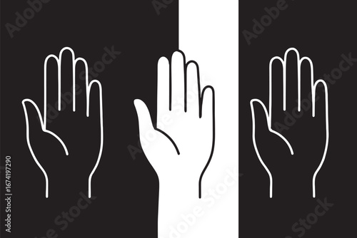 Three Hands Raised In Opposition To Black And White Background raised hand open palm
