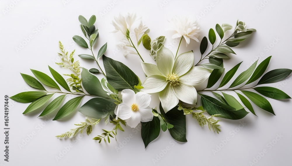 Fototapeta premium elegant floral arrangement with leaves and flowers on white background