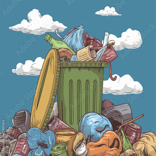 ecology, garbage, bin, container, illustration, recycling, green, vector, trash, waste, rubbish, pollution, metal, environment, cartoon, flat, plastic, recycle, eco, disposal, environmental protection