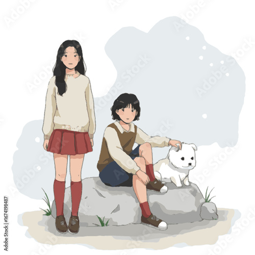 Young women with dog on a rock illustration, friendship concept, outdoor scene