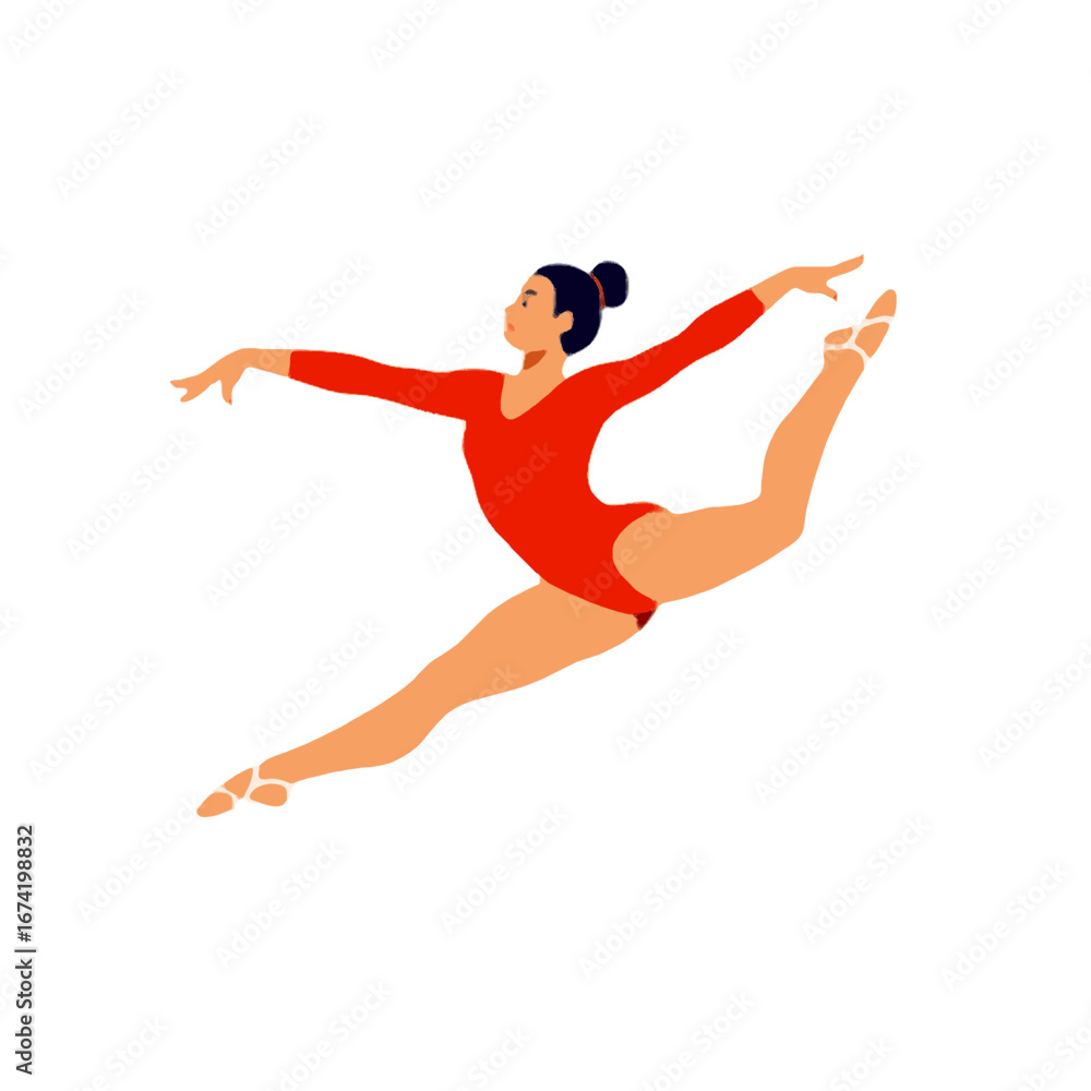 Obraz premium Gymnast performing a split leap in orange leotard against white background
