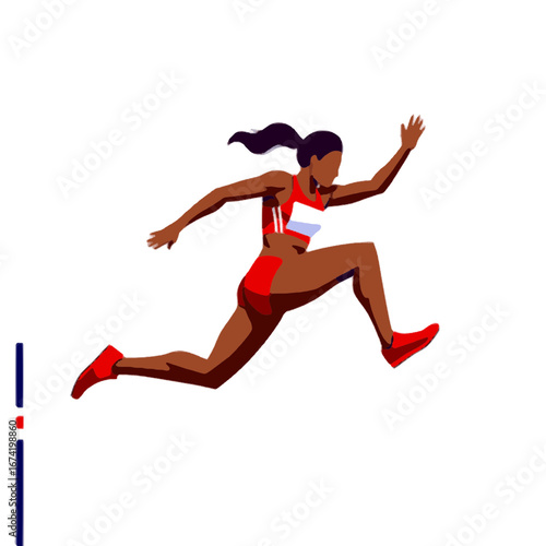 Female athlete running and jumping hurdles during track and field competition