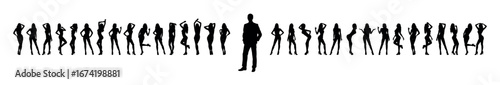 Confidence man in suit standing out in front of group sexy female models with different poses standing in a row as background black silhouettes vector illustration.