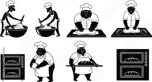 Cartoon baker chef vector set, baking bread, kneading dough, using oven, bakery kitchen scene, professional cook illustration