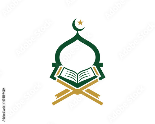 Islamic symbol featuring an open quran on a stand beneath a crescent moon and star emblem