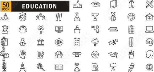 Education editable outline icon set. Learning, school, teacher, student, classroom, knowledge, exam and more