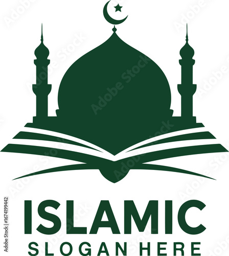 Elegant islamic mosque logo design with open book and crescent moon symbolizing faith and knowledge