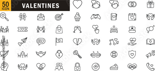 Valentines editable outline icon set. Love, romance, heart, wedding, gift, relationship, couple and more
