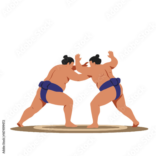 Sumo Wrestlers in Action on Circular Ring Isolated on White Background