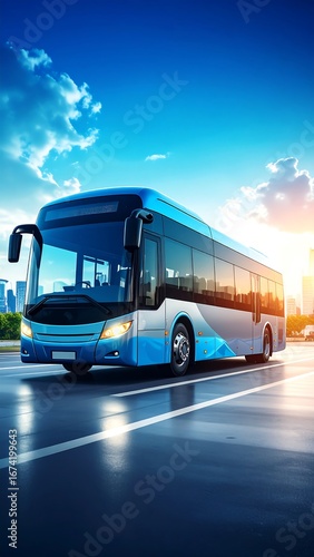 Modern electric bus on city road at sunrise