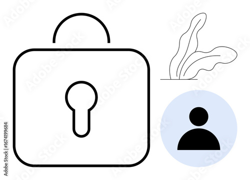Lock with keyhole, user avatar, and minimalist leaves communicate themes of security, privacy, access control, data protection, user authentication, and eco-consciousness in a simple flat metaphor