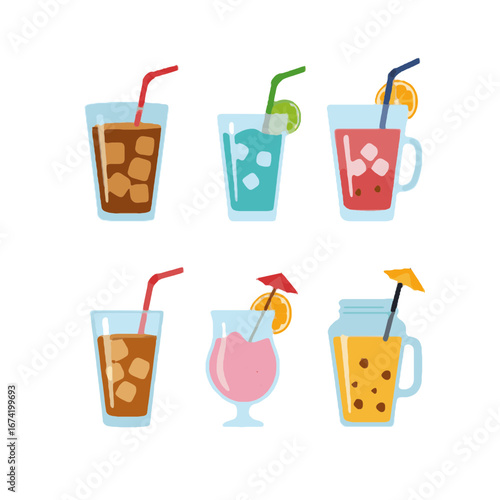 Refreshing Summer Drinks Cocktails with Straws and Ice Cubes Vector Illustration