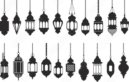 A collection of twenty black silhouette lanterns for festive decorations and ambiance