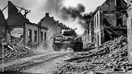 WWII Tank Advancing Through Destroyed Village - A black and white video depicts a World War II tank moving through a street in a village devastated by war.