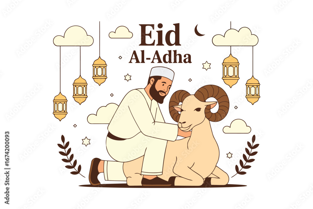 Obraz premium Muslim man kneeling beside a ram during eid al adha celebrations with lanterns and clouds