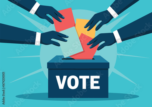 Diverse hands cast ballots into a ballot box symbolizing democratic participation and voting rights