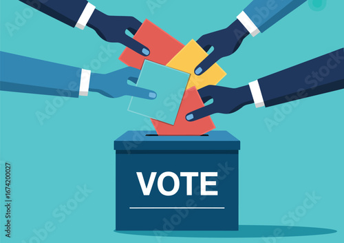 Diverse hands cast ballots into a ballot box symbolizing democratic participation and voting rights