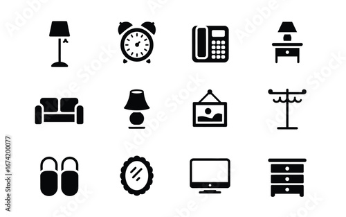 Black home interior icons collection set