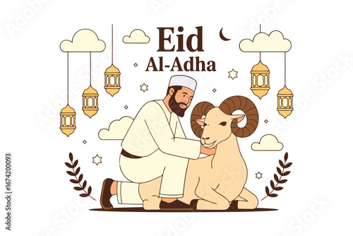 Muslim man kneeling beside a ram during eid al adha celebrations with lanterns and clouds