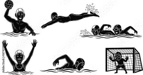 Water polo and swimming vector set, athlete silhouette illustrations, swimmers in action clipart, aquatic sport design, pool competition graphic