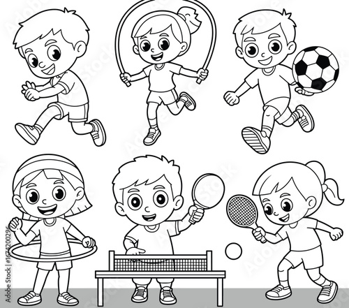 Cartoon kids doing sports activities, black and white vector illustration, children playing football, tennis, hula hoop, ping pong, exercise