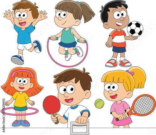 Cartoon kids doing sports activities, group of children playing games, colorful vector illustration, tennis, football, hula hoop, ping pong