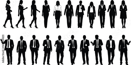 Business professional male and female silhouette vector set, corporate attire poses, office people icons, teamwork, leadership, career illustration collection