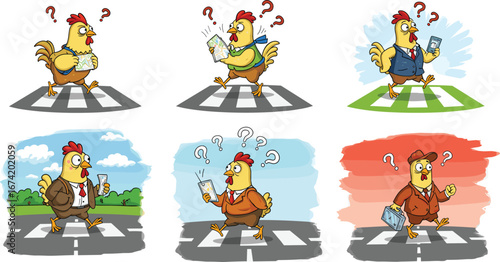 Confused cartoon chicken crossing road with map or phone, funny business rooster illustrations, lost direction concept, vector character set.