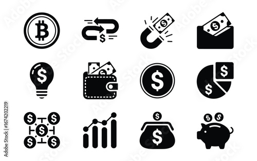 Boney and bitcoin investments icon set