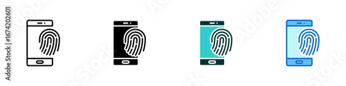 Mobile Fingerprint Multiple Style Icon Sheet Design Vector - fingerprint displayed on a smartphone screen, representing biometric access, mobile security, and identity verification
