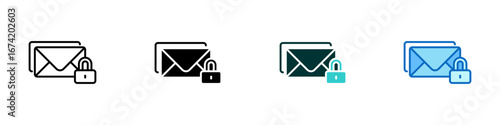 Locked Mail Multiple Style Icon Sheet Design Vector - closed envelope with a padlock, representing secure email, confidential messaging, and encrypted communication