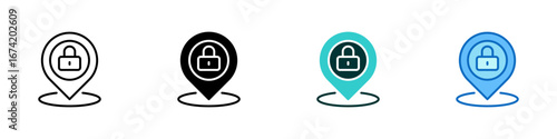 Location Lock Multiple Style Icon Sheet Design Vector - map pin with a padlock inside, representing geolocation security, location-based access, and physical protection