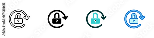 Refresh Lock Multiple Style Icon Sheet Design Vector - padlock within a refresh arrow, representing secure updates, encrypted synchronization, and trusted data recovery