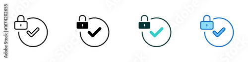 Secure Approval Multiple Style Icon Sheet Design Vector - padlock with a checkmark inside a partial circle, representing verified access, secure approval, and trusted authorization