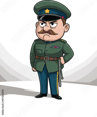 Cartoon military officer character, serious face, green uniform, war theme, vector illustration, army commander, defense concept, standing pose