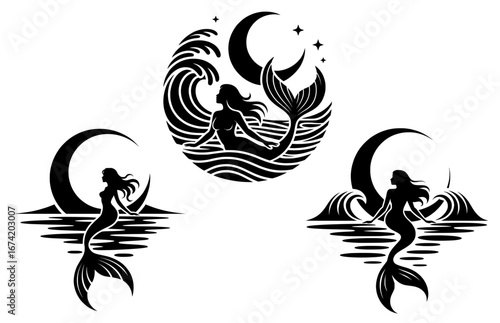 Set of mermaid silhouettes with moon and waves, perfect for fantasy branding, mystical logos, ocean themes, and apparel designs