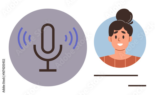 Microphone emitting sound waves beside a smiling female portrait, symbolizing recording, podcasting, and communication. Ideal for media, technology, audio learning, connection, storytelling voice