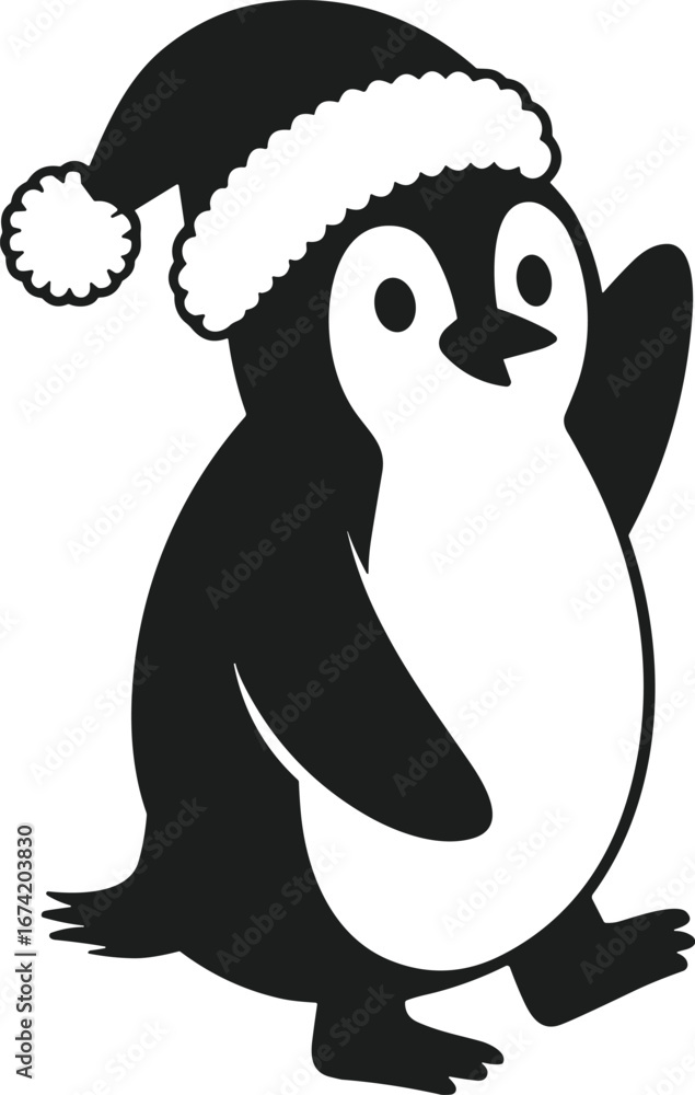 Fototapeta premium Happy Penguin Silhouette in Christmas Hat – Festive Holiday Vector Illustration