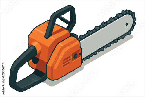 Isolated, sharp orange chainsaw with a black chain and long blade sits on a white background