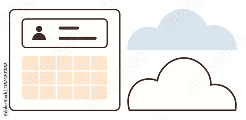 Digital calendar with user profile icon next to clouds representing online accessibility and data storage. Ideal for time management, planning, organization, remote work, productivity, SaaS tools