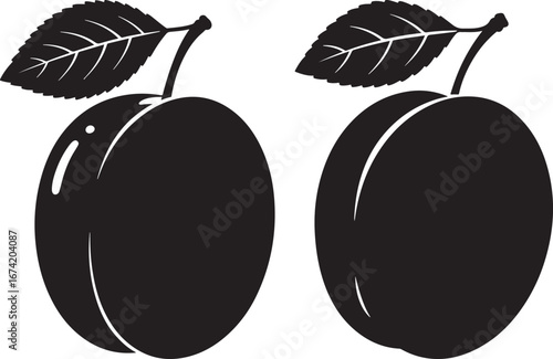 Two plums with leaves silhouette